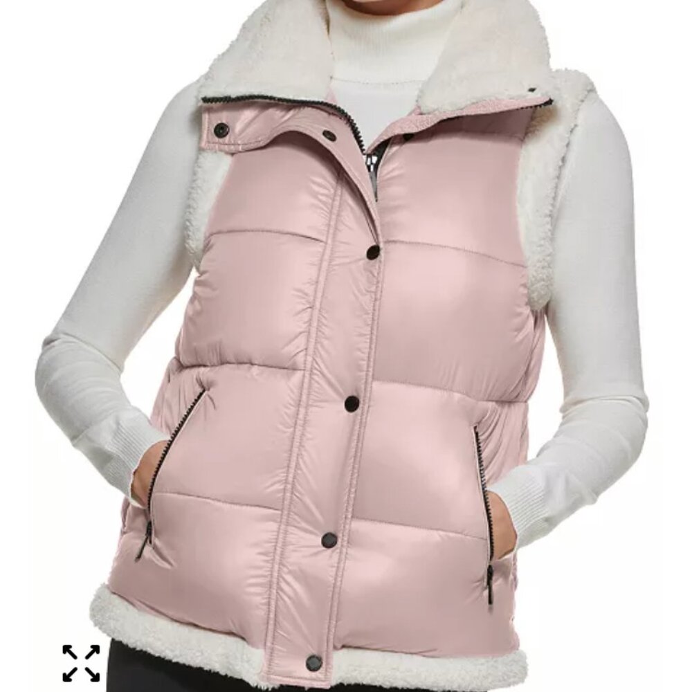 Calvin Klein Women's Faux Fur Trim Quilted Vest, Blush, 1X NWT MSRP $119